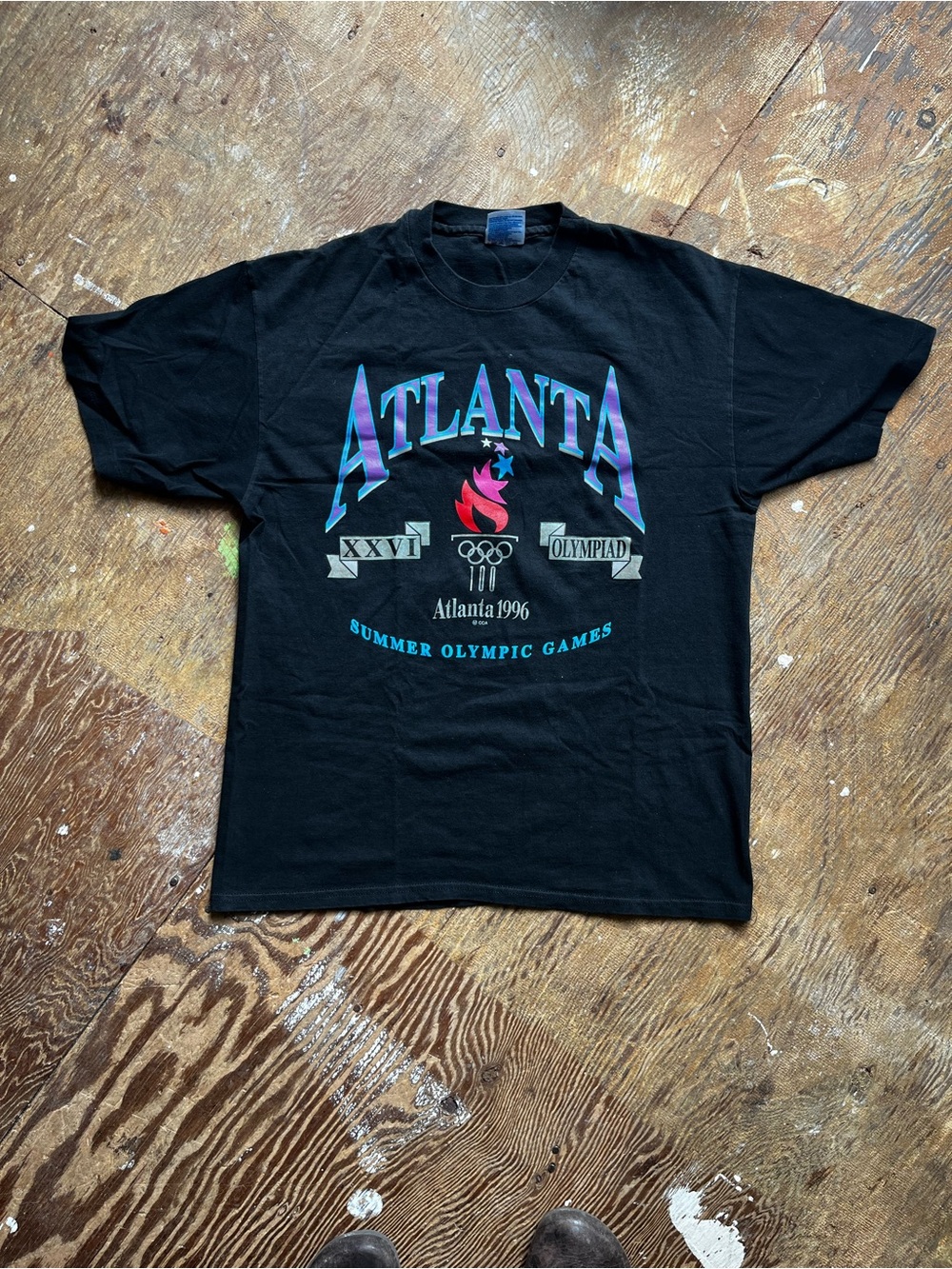 Screen Stars Black Atlanta 1996 Graphic Tee with Turquoise and Purple Lettering